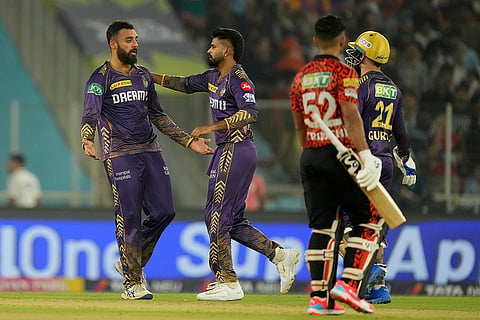 Varun Chakaravarthy celebrates Shreyas Iyer's wicket
